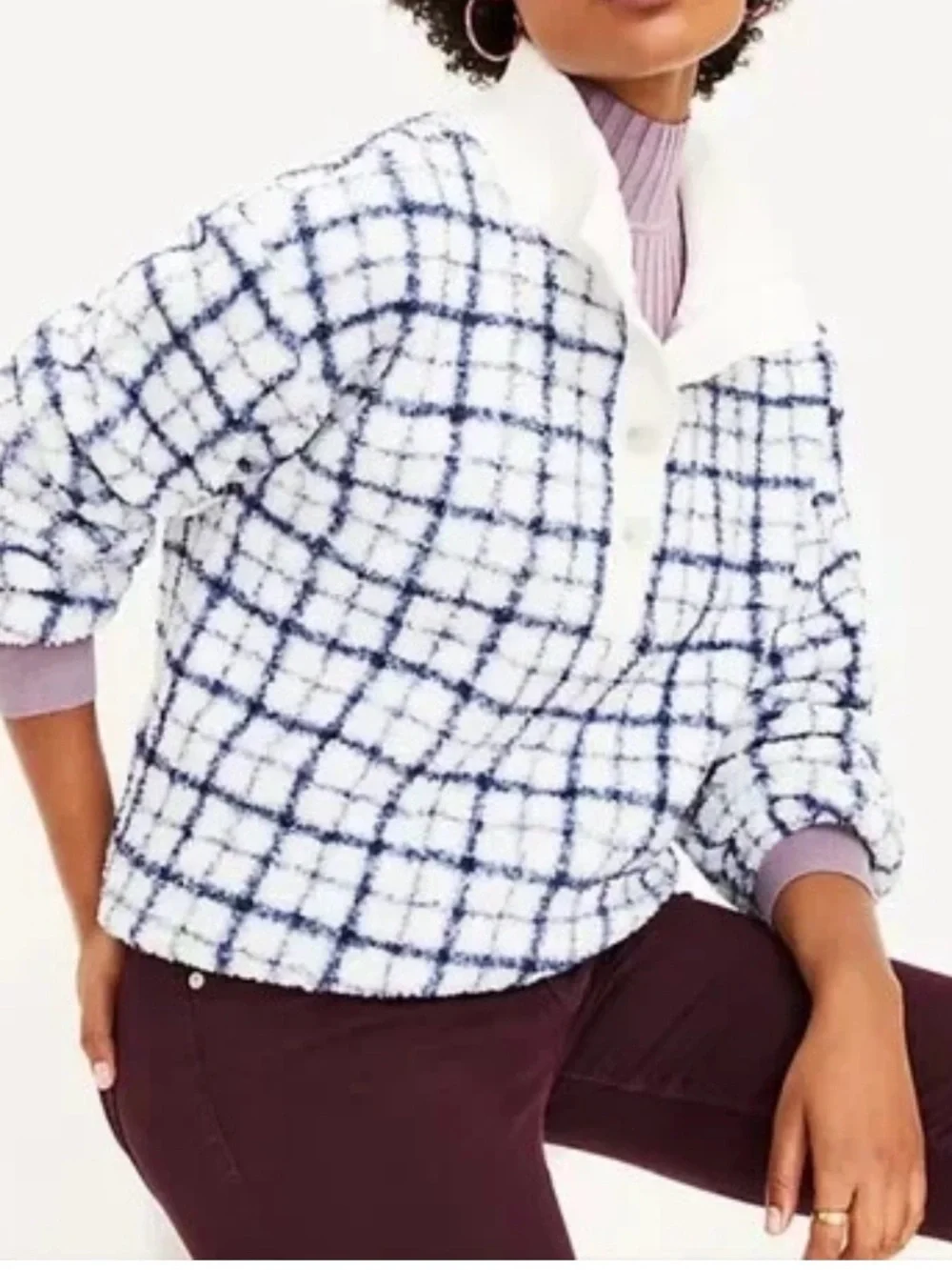 LOFT Plaid Rib Trim Sherpa Top in a Large